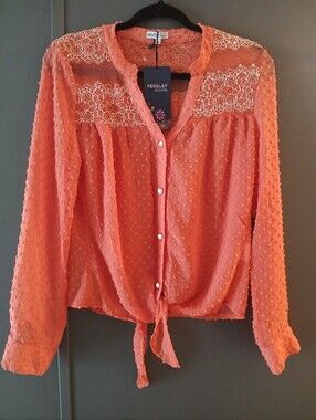 Kessley Collection Coral Blouse, Swiss Dot Texture, Lace Shoulders, Semi Sheer M